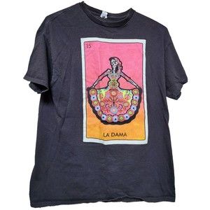 La Dama Loteria Card 15 Calavera Day of the Dead Black T-Shirt Size Large